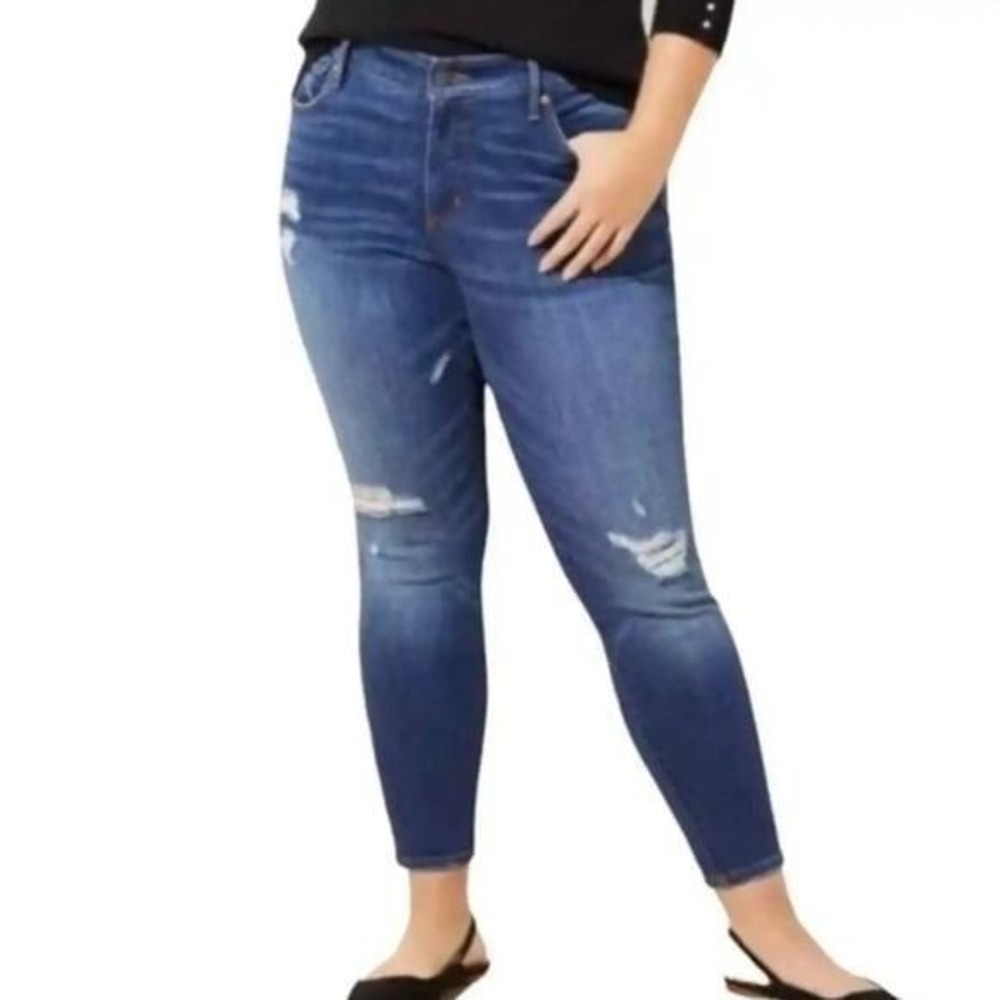 Lane Bryant Boyfriend Jeans 18 Dark Wash Distressed Plaid Patch Skinny Crop